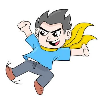 Boy kid is doing a super hero kick, doodle icon image kawaii Stock Illustration