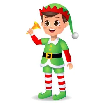 Boy kid in elf dress with ringing bell Illustrazione stock