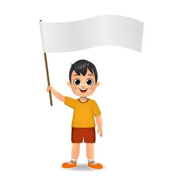 Boy kid holding blank flag vector Stock Illustration