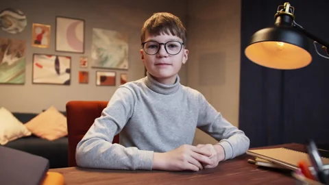 Boy kid making video call with laptop at home, using camera zoom online virtual Stock Footage 147623258