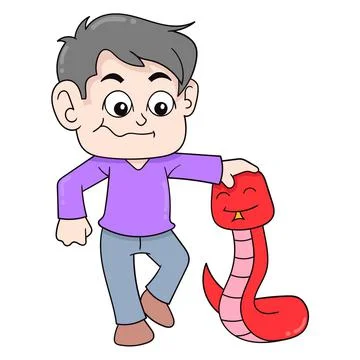 Boy kid is playing with red python, doodle icon image kawaii Illustrazione stock