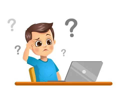 Boy kid is thinking by seeing the laptop Illustrazione stock