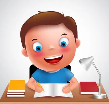 Boy kid vector character happy studying and doing school homework Stock Illustration
