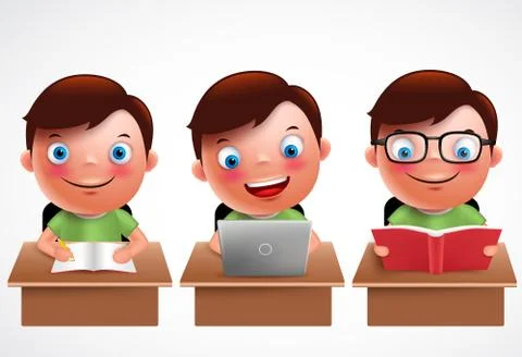 Boy kid vector characters set. Male preschool student studying 库存插图