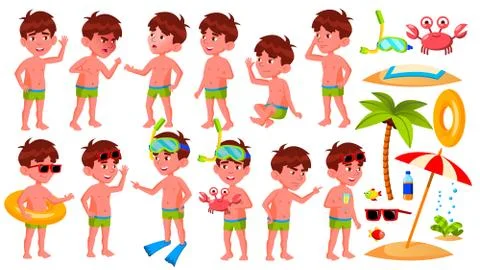 Boy Kindergarten Kid Poses Set Vector. Preschool, Childhood. Smile. Undressed Stock Illustration