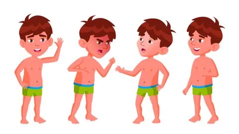 Boy Kindergarten Kid Poses Set Vector. Pretty Positive Baby. Undressed. Summer Stock Illustration