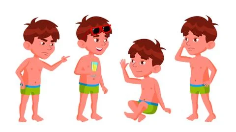 Boy Kindergarten Kid Poses Set Vector. Summer Vacation. Pool, Beach. Undressed Stock Illustration