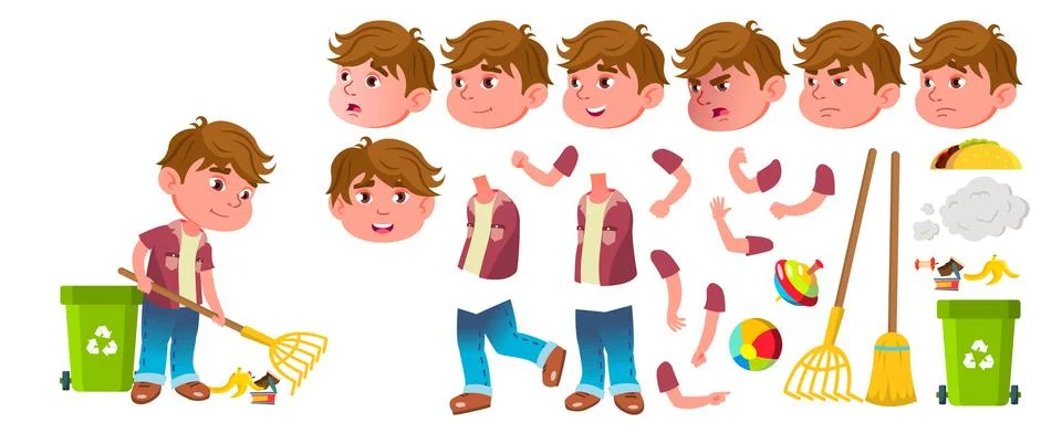 Boy Kindergarten Kid Vector. Animation Creation Set. Face Emotions, Gestures Stock Illustration