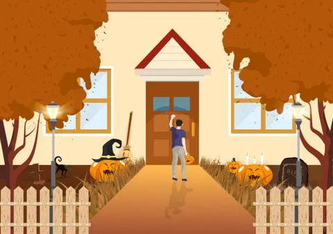 Boy knocking on the doors flat design autumn, trick or treat, pumpkin Stock Illustration