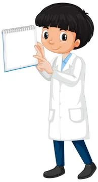 Boy in lab gown with notebook on white background Stock Illustration