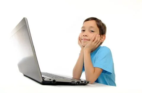 Boy with laptop isolated on white background Boy with laptop isolated on w... Foto stock