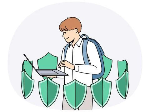 Boy with laptop is learning cyber protect and installing antivirus and standing Stock Illustration
