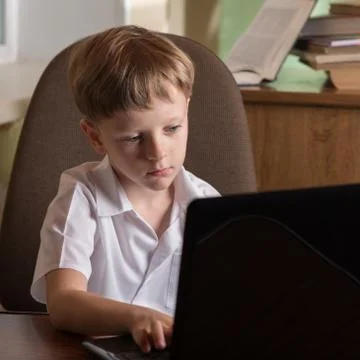 Boy with laptop at table Stock-Fotos
