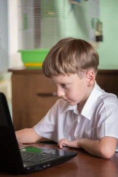 Boy with laptop at table Stock-Fotos