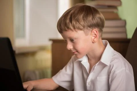 Boy with laptop at table Stock Photos
