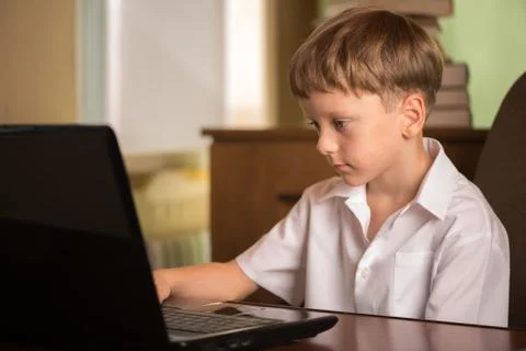 Boy with laptop at table Foto stock