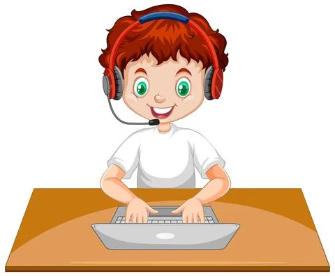 A boy with laptop on the table on white background Stock Illustration