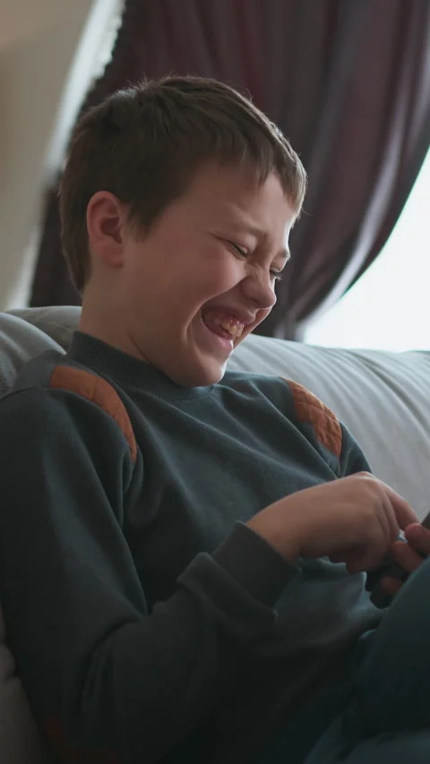 Boy Laughing While Using Phone Stock Footage 335486395
