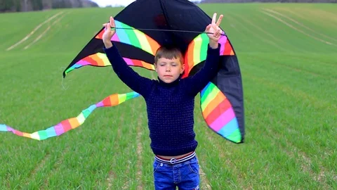 Boy launches a kite in a field in spring Stock Footage 129835080