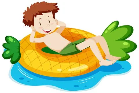 A boy laying on the pineapple swimming ring in the water isolated Stock Illustration