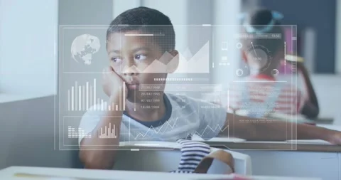 Boy leaning and shifting gaze as subtle classroom shift suggesting boredom, HUD Stock Footage 331570754