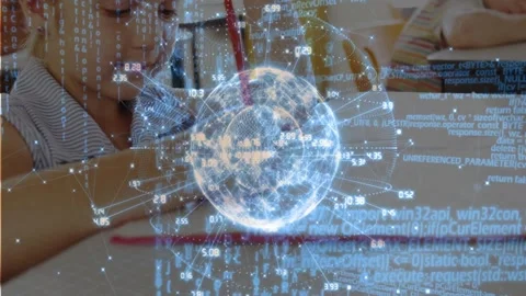 Boy leaning at desk writing, pencil motion activating hologram globe and data Stock Footage 330161906