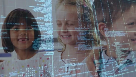 Boy leaning in placing arm on shoulder, students laughing at joke, edtech Stock Footage 331214277