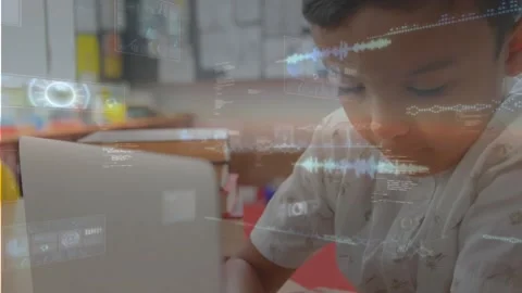 Boy leaning toward white laptop, touching keys and typing, starting HUD overlays Stock Footage 328257534