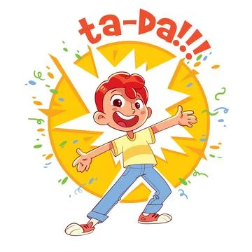 The boy leaps forward tearing up the advertising template with a joyous excla Stock Illustration