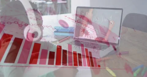 Boy learner writing math notes with teacher activating red charts, virus icons Stock Footage 326034996