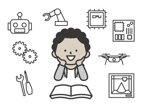 Boy Learning About Robots and Drones. Cute and Simple Illustration 스톡 일러스트