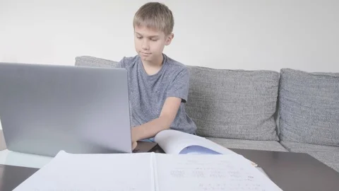Boy learning with computerat home. Online learning, distance education Stock Footage 127843742