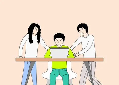 Boy is learning in front of laptop while his parent looking at him Stock Illustration