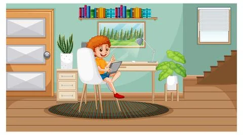 Boy learning from home on electronic device Illustrazione stock