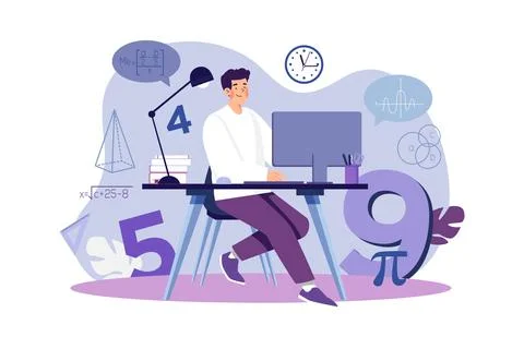 Boy Learning Math In Online Class Illustration concept on white background Stock Illustration