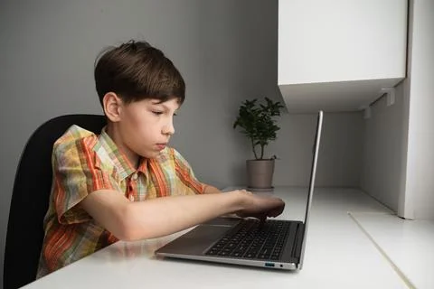 Boy learning online at home using laptop computer Stock Photos