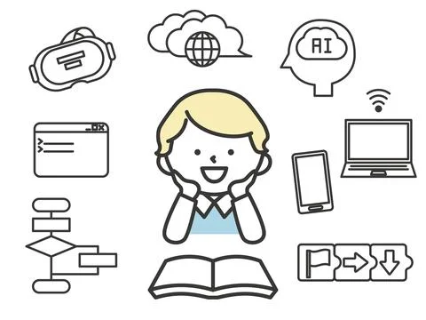 Boy Learning Programming and AI. Cute and Futuristic Technology Education I.. Stock Illustration