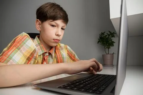 Boy learning remotely on laptop computer at home Stock Photos