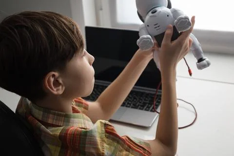 Boy learning robotics with toy robot and laptop Stock Photos