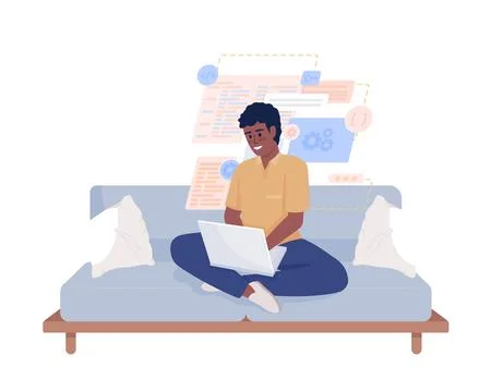 Boy learning software engineering comfortably semi flat color vector character Stock Illustration