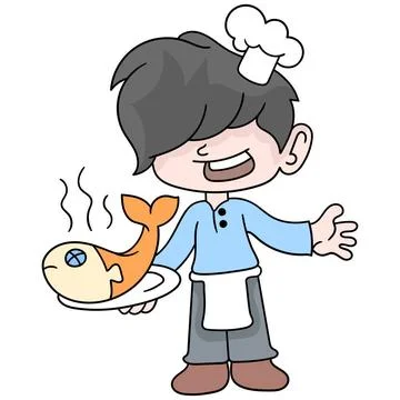 Boy learns to be a chef to cook delicious fish dishes, doodle icon image k... Stock Photos