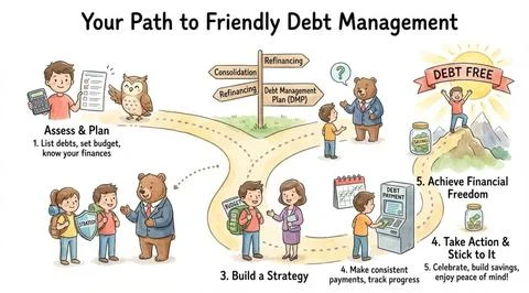 A boy learns friendly debt management and financial freedom pathway Stock Illustration