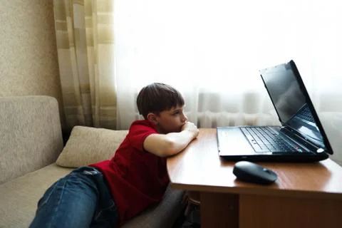 The boy lies in the living room on the couch and watches a movie on a laptop. Stock Photos