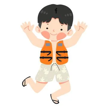 Boy in a life jacket jumping and waving Stock Illustration