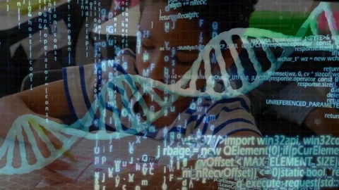 Boy lifting pencil and writing worksheet on desk, with animated DNA code Stock Footage 329415083