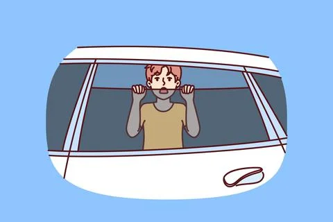 Boy locked in car is trying to get out and beg for help being in danger due to Stock Illustration