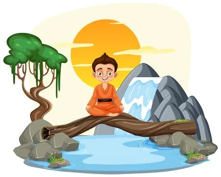 Boy on Log Bridge at Sunset Stock Illustration