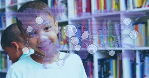 Boy looking up and smiling by shelves with map overlay appearing, nodes shifting Stock Footage 331214180