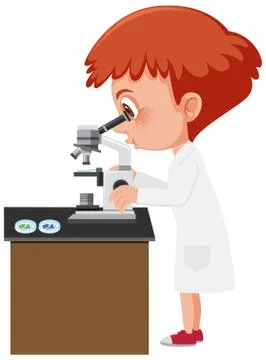 Boy looking at different types of cells through the microscope Stock Illustration