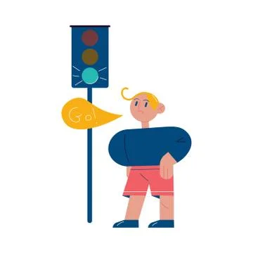 Boy looking at green permitting traffic light and memorizing traffic rule sign イラスト素材